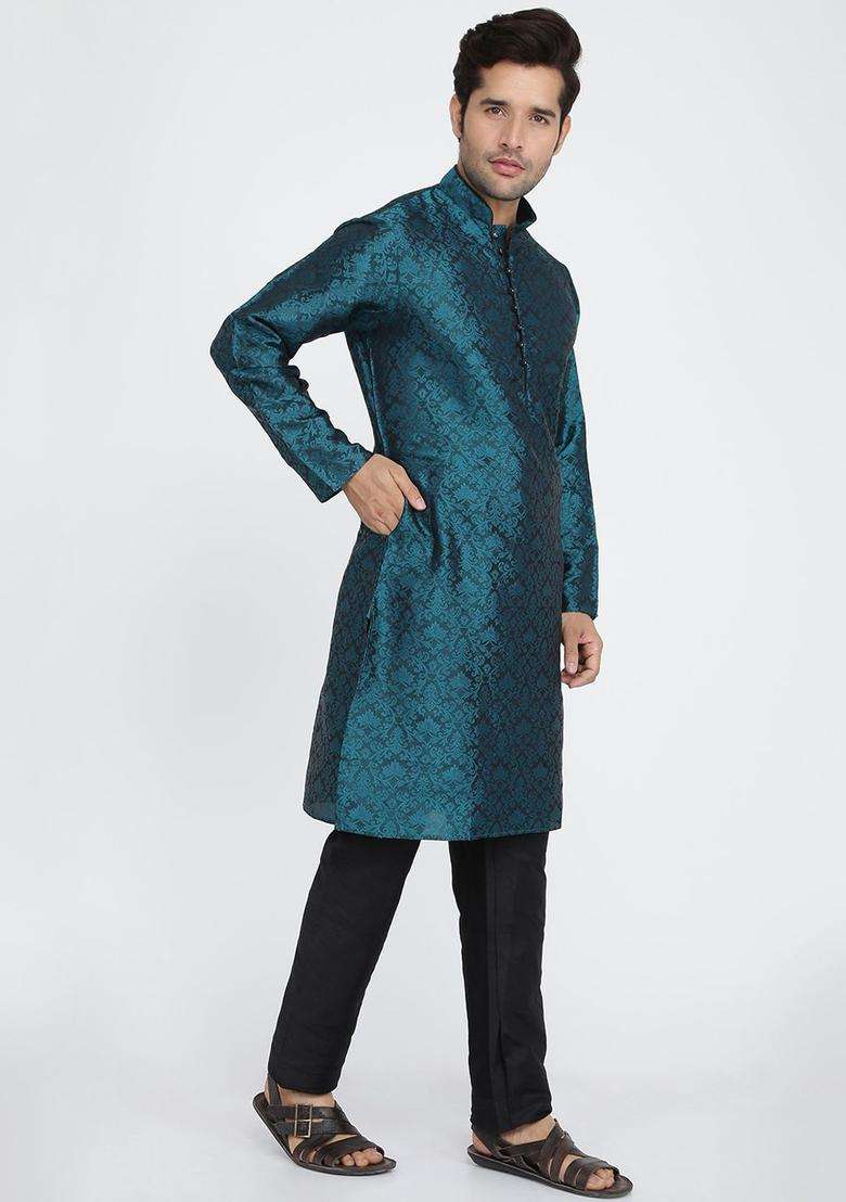 Green Woven Design Silk Blend Kurta Set For Men - Indya