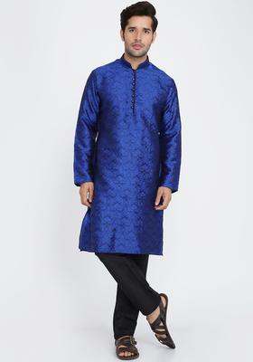 Blue Woven Design Silk Kurta Set For Men