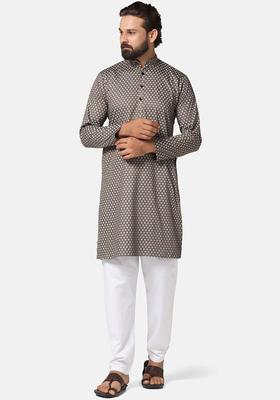 Grey Printed Cotton Kurta Set For Men