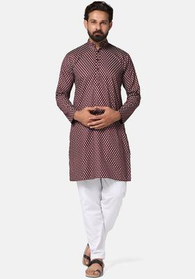 Maroon Printed Cotton Kurta Set For Men