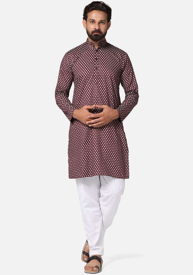 Maroon Printed Cotton Kurta Set For Men - Indya