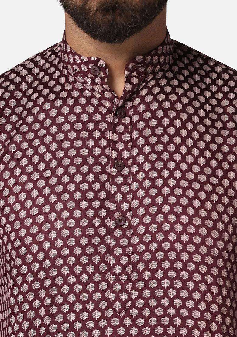 Maroon Printed Cotton Kurta Set For Men - Indya