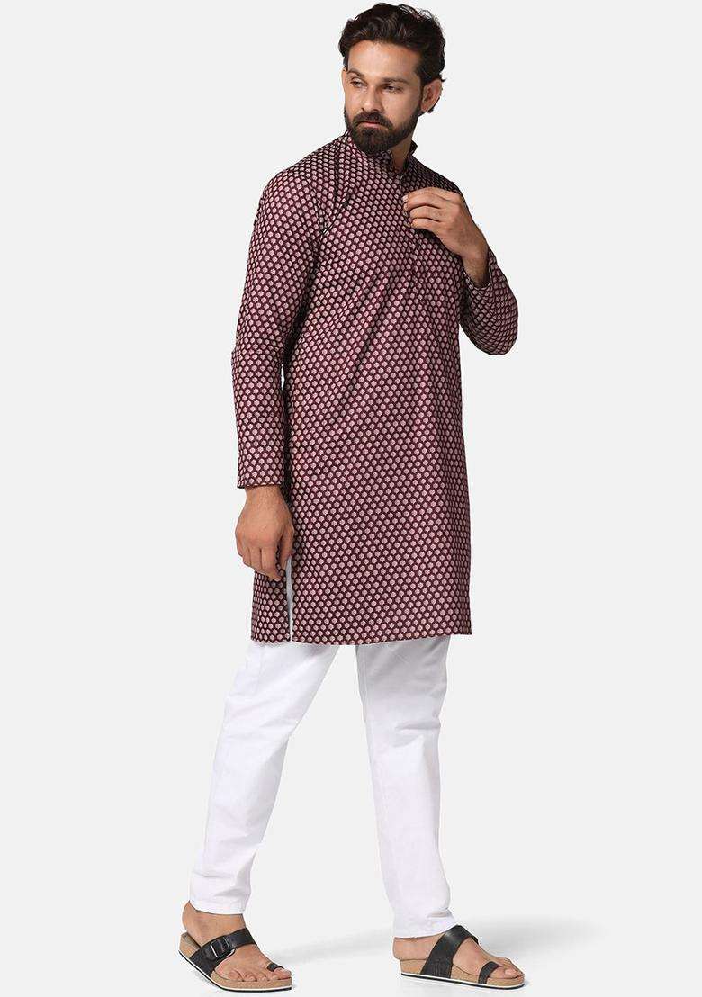 Maroon Printed Cotton Kurta Set For Men - Indya