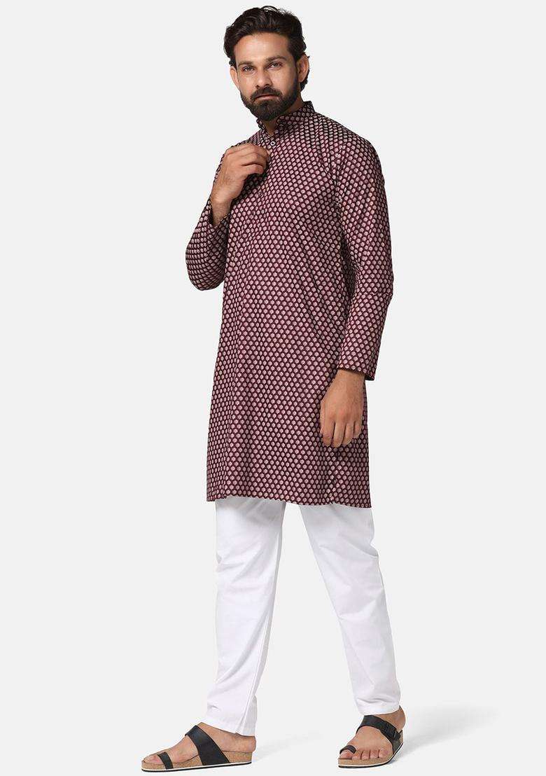 Maroon Printed Cotton Kurta Set For Men - Indya
