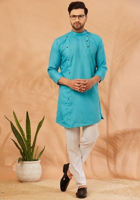 Sea Green Solid Cotton Kurta Set For Men