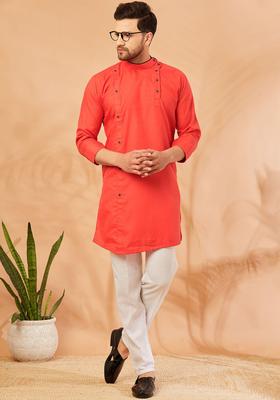 Red Solid Cotton Kurta Set For Men