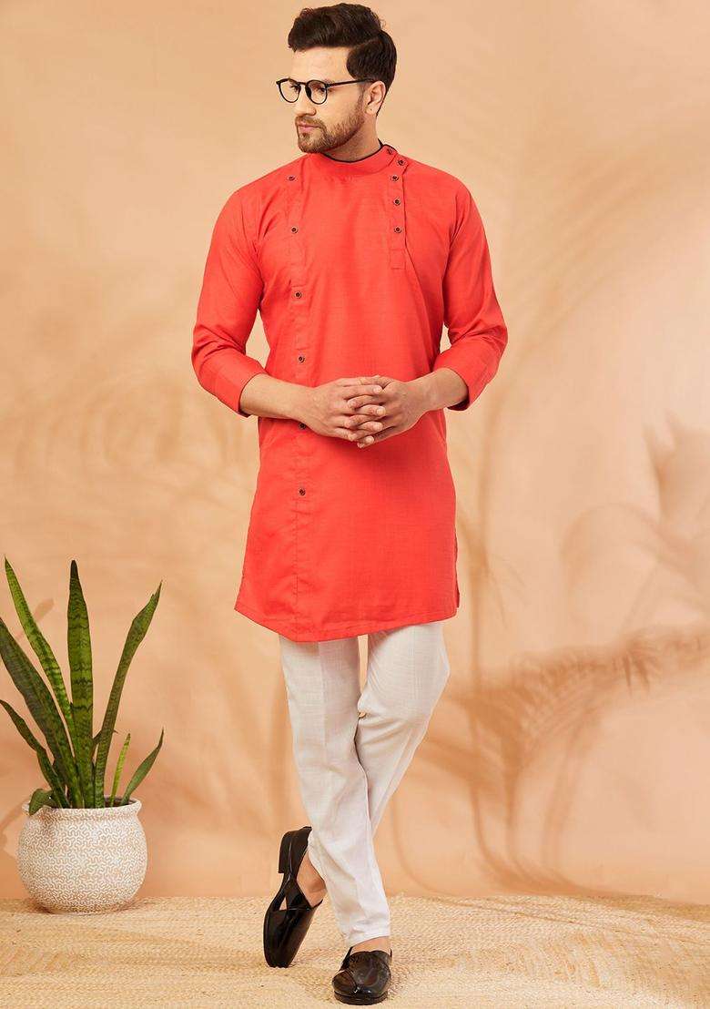 Red Solid Cotton Kurta Set For Men - Indya