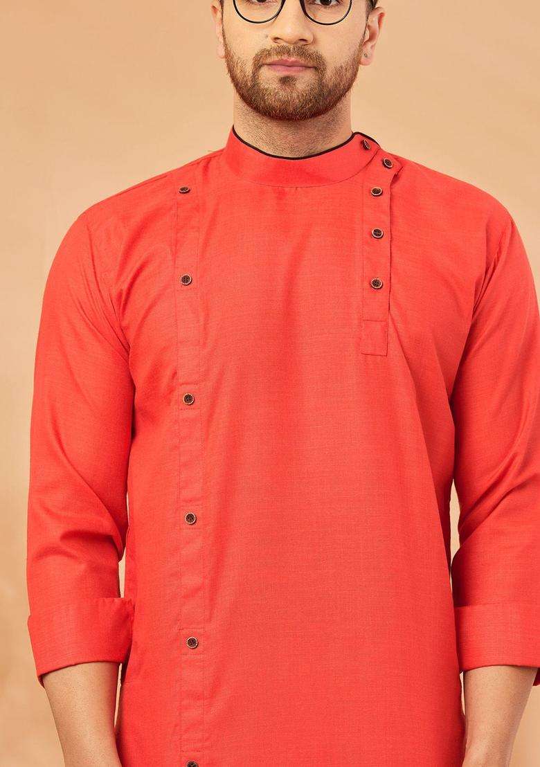 Red Solid Cotton Kurta Set For Men - Indya