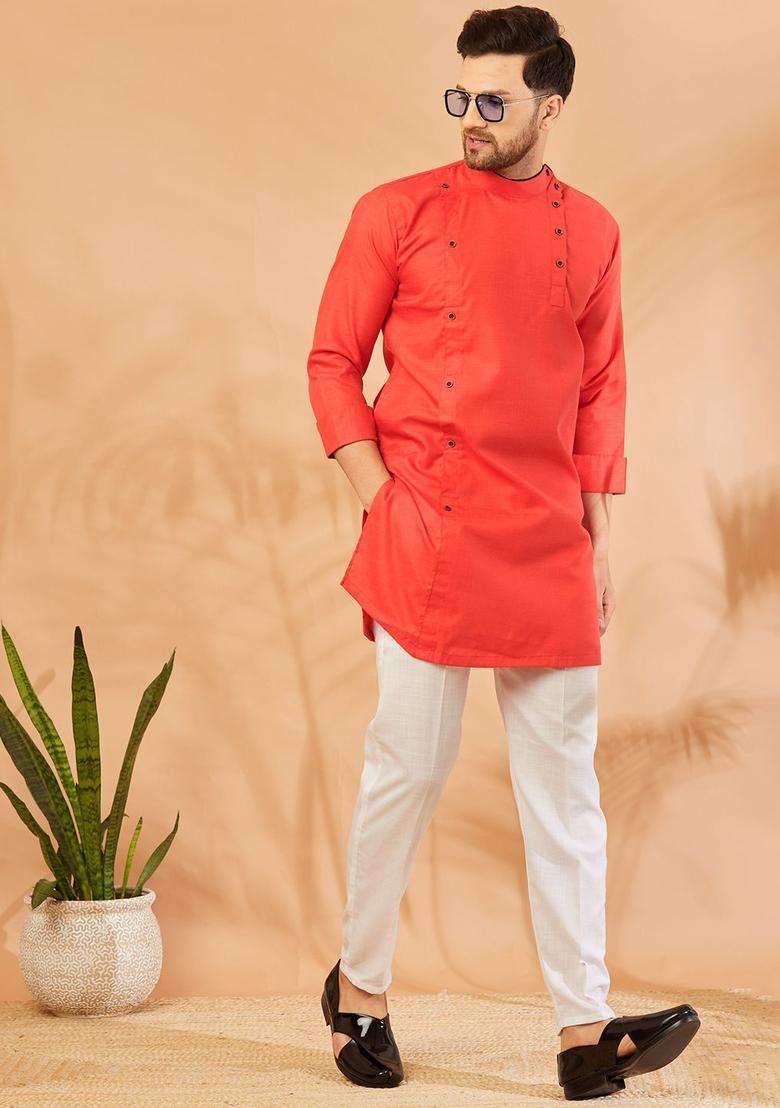 Red Solid Cotton Kurta Set For Men - Indya