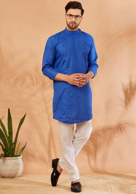 Navy Blue Solid Cotton Kurta Set For Men