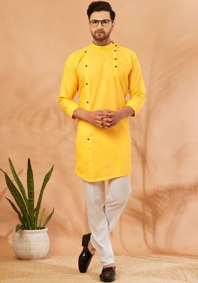 Yellow Solid Cotton Kurta Set For Men