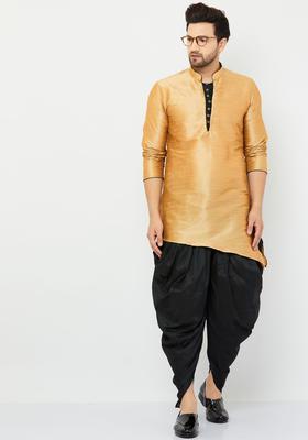 Gold Solid Silk Kurta Set For Men