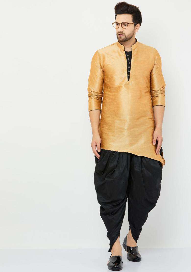 Gold Solid Silk Blend Kurta Set For Men - Indya