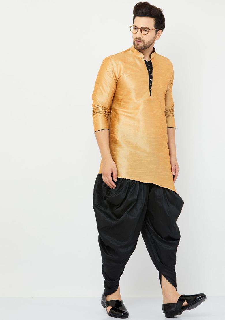 Gold Solid Silk Blend Kurta Set For Men - Indya