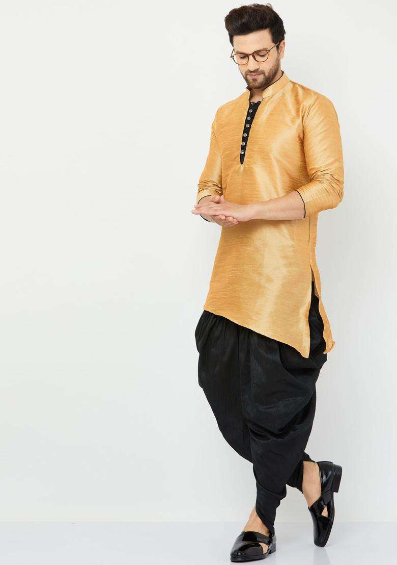 Gold Solid Silk Blend Kurta Set For Men - Indya