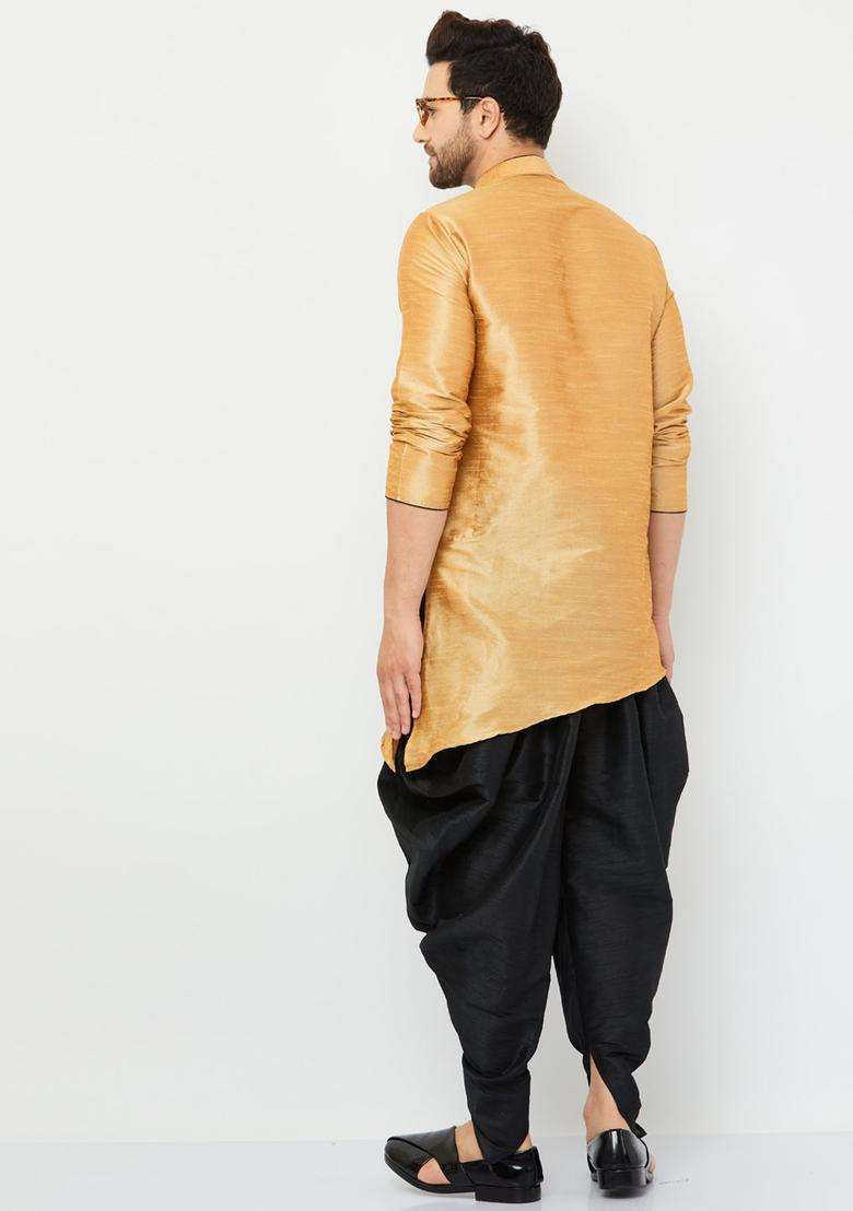 Gold Solid Silk Blend Kurta Set For Men - Indya