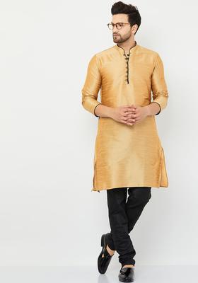 Gold Solid Silk Kurta Set For Men