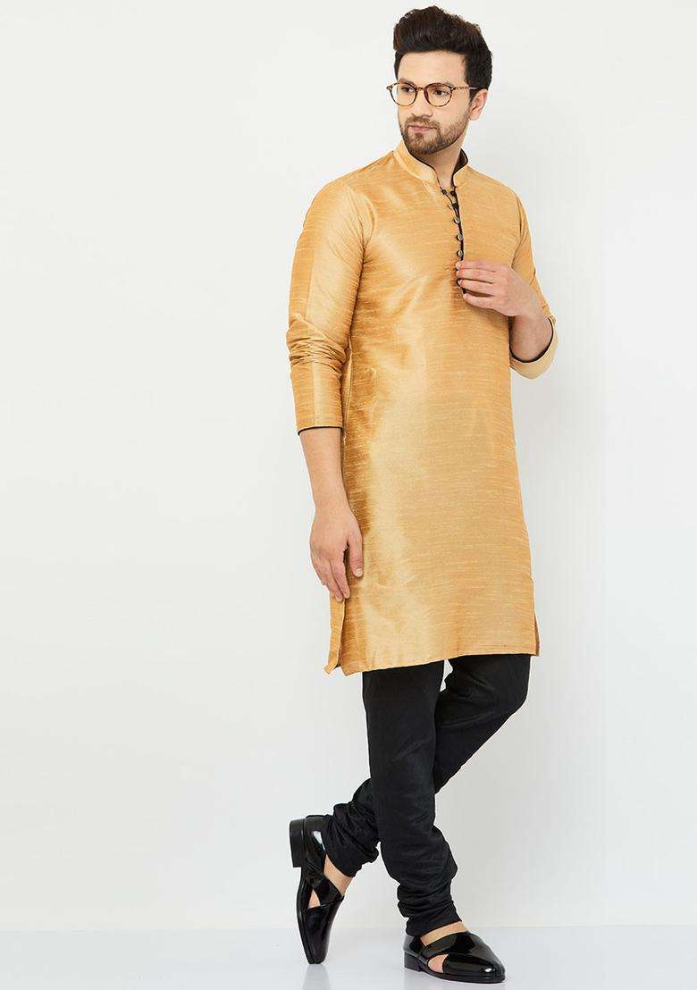 Gold Solid Silk Blend Kurta Set For Men - Indya