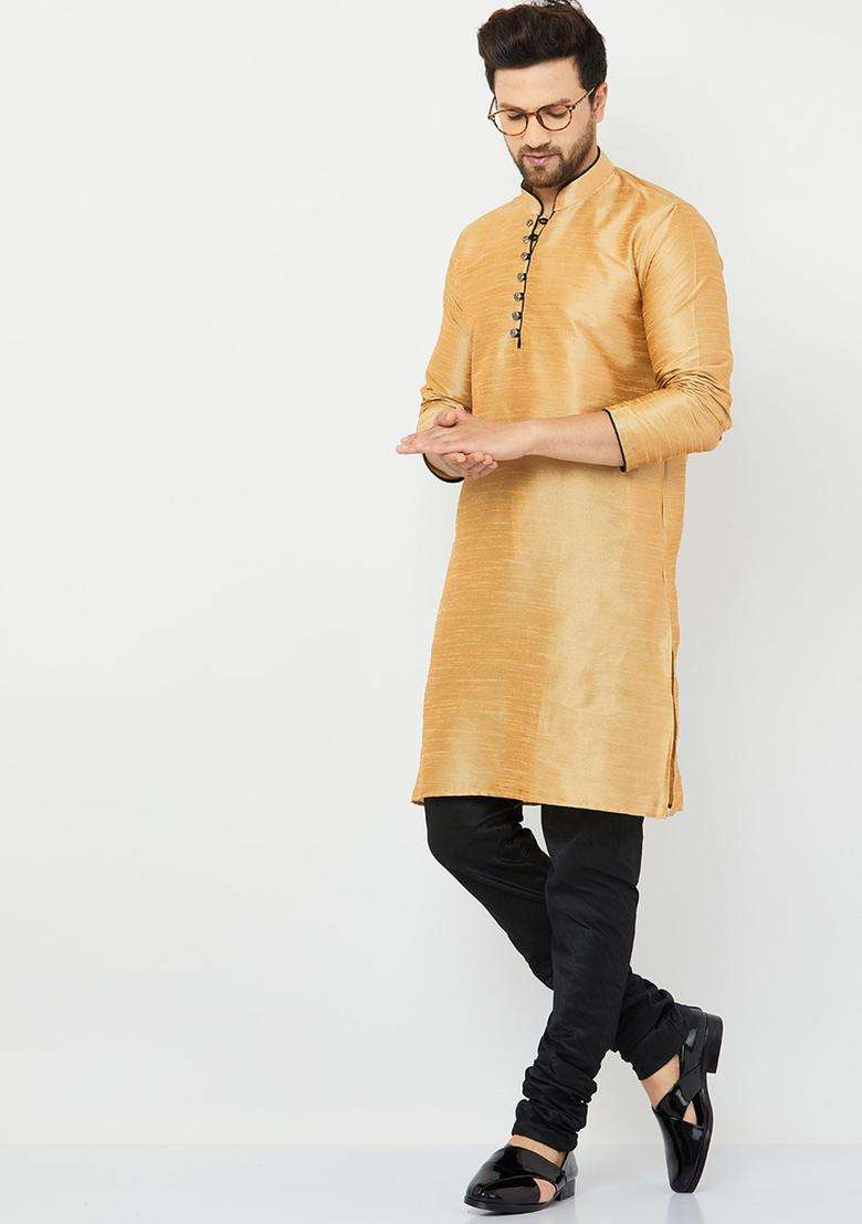 Gold Solid Silk Blend Kurta Set For Men - Indya