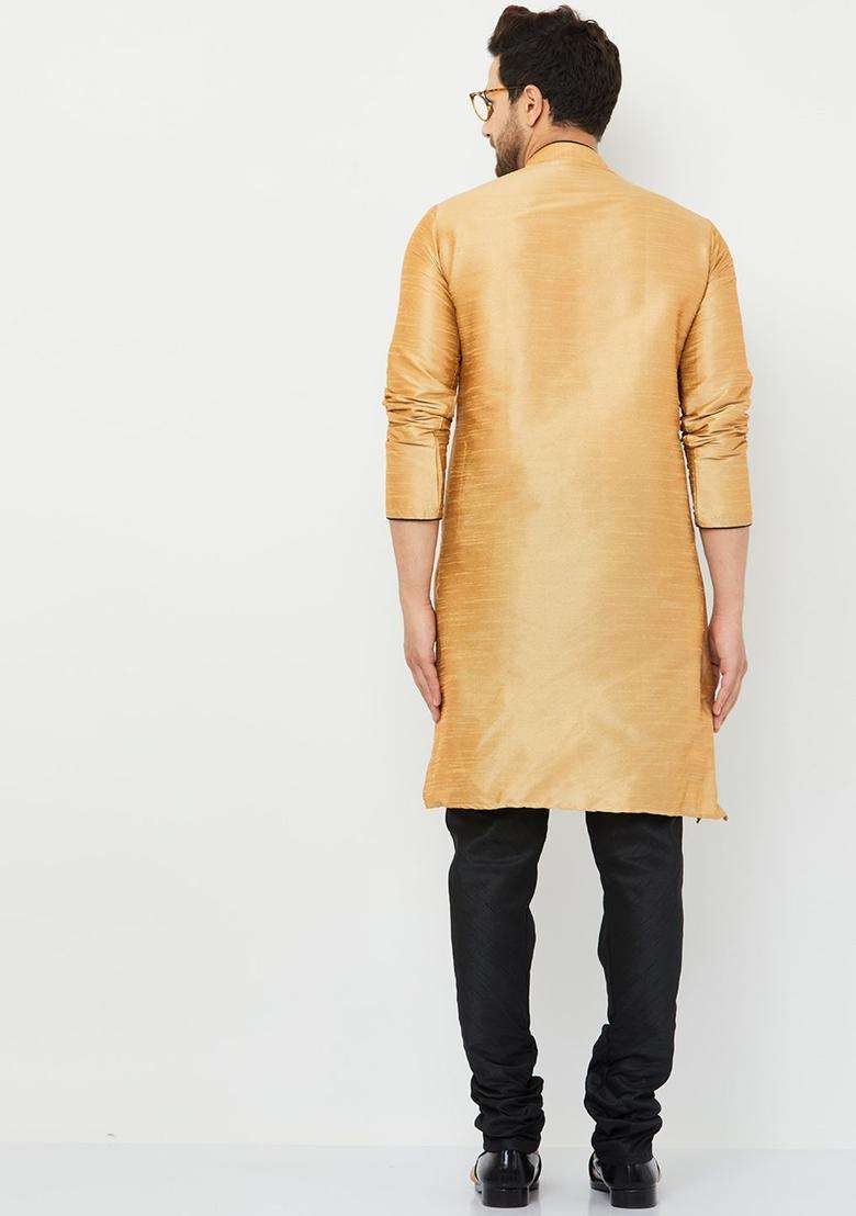 Gold Solid Silk Blend Kurta Set For Men - Indya