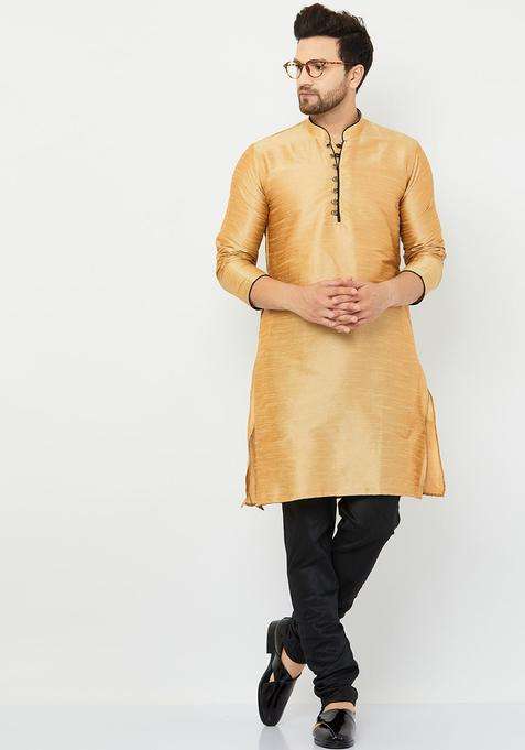 Gold Solid Silk Blend Kurta Set For Men