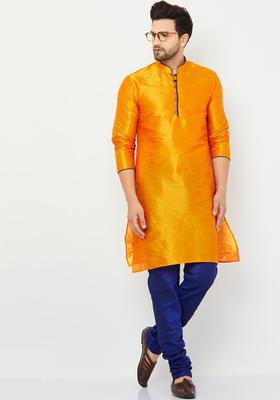 Orange Solid Silk Kurta Set For Men