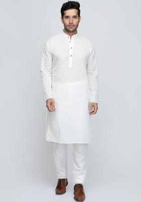 Cream Embroidered Cotton Kurta Set For Men