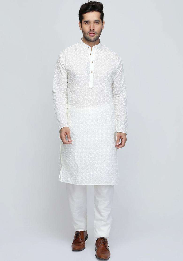 Cream Embroidered Cotton Kurta Set For Men - Indya