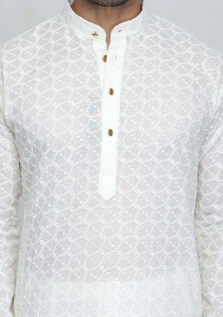 Cream Embroidered Cotton Kurta Set For Men - Indya
