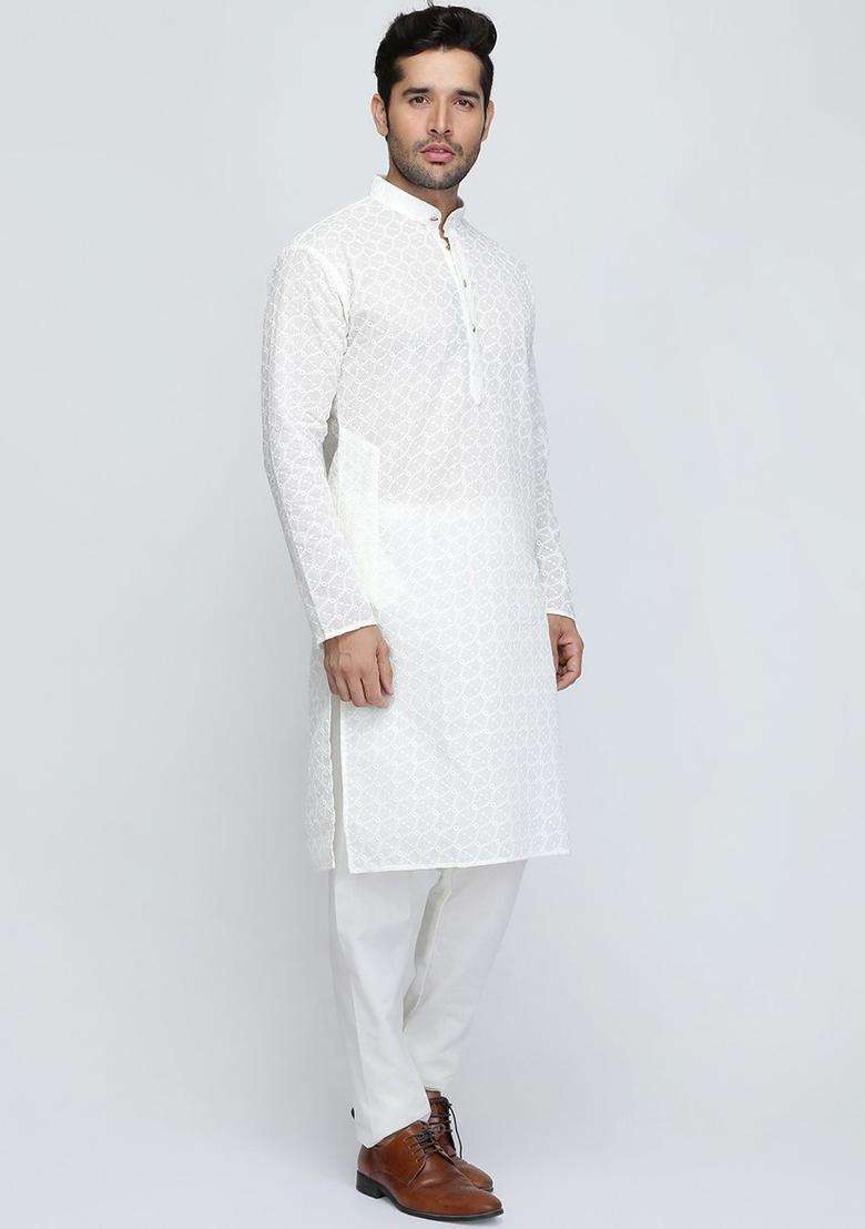 Cream Embroidered Cotton Kurta Set For Men - Indya
