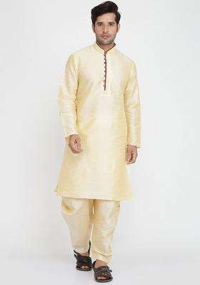 Gold Solid Silk Kurta Set For Men