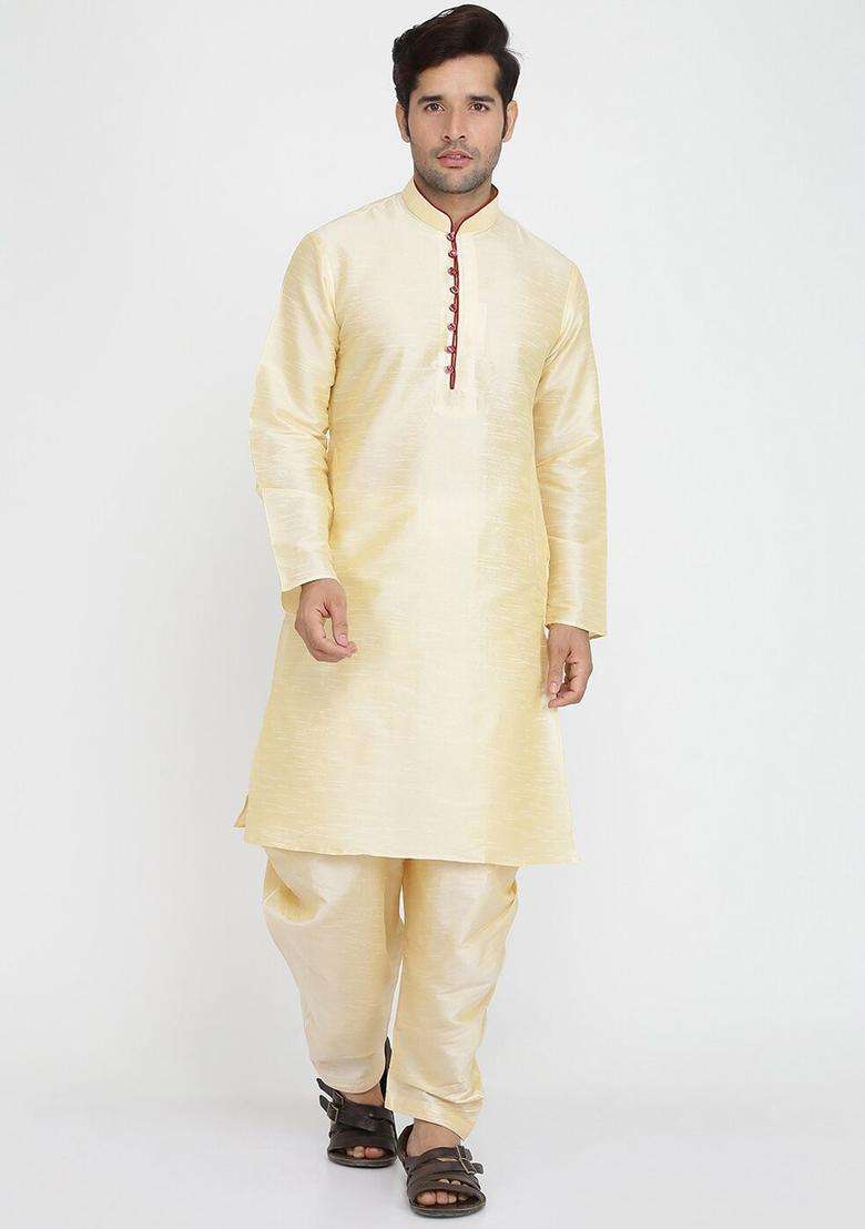 Gold Solid Silk Blend Kurta Set For Men - Indya