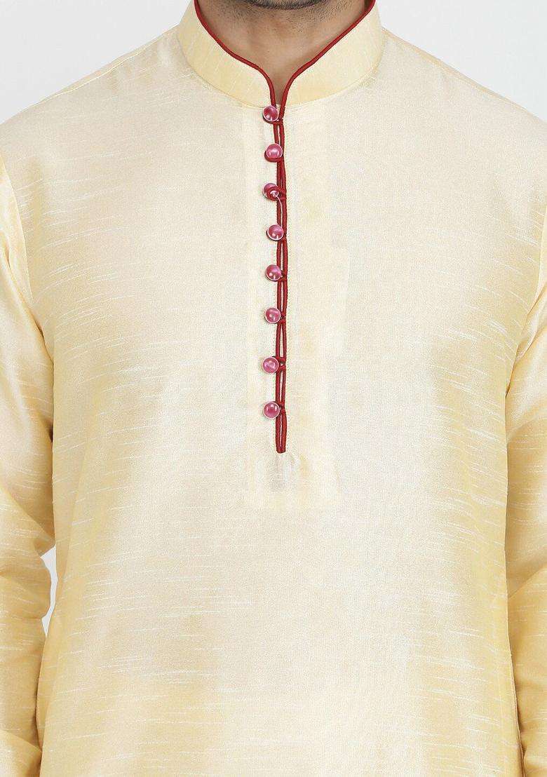 Gold Solid Silk Blend Kurta Set For Men - Indya