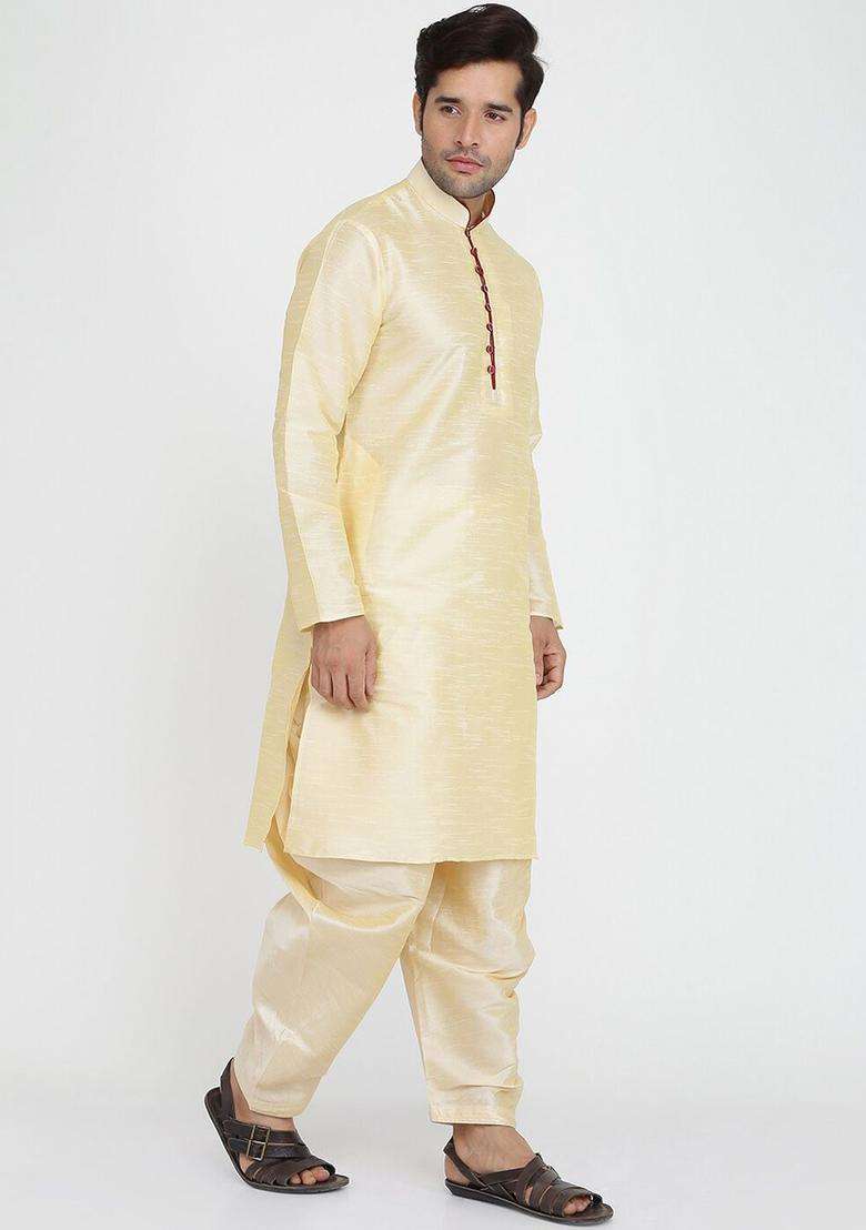Gold Solid Silk Blend Kurta Set For Men - Indya