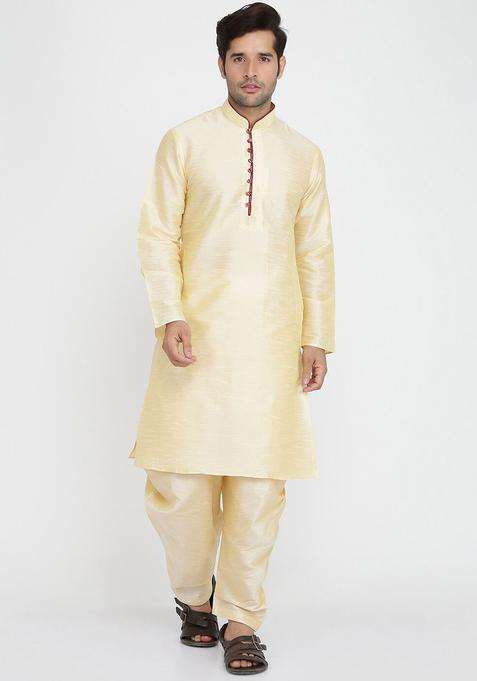 Gold Solid Silk Blend Kurta Set For Men