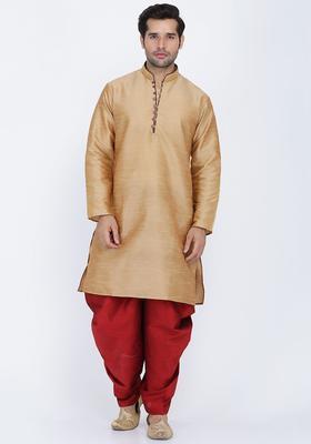 Beige Solid Silk Kurta Set For Men