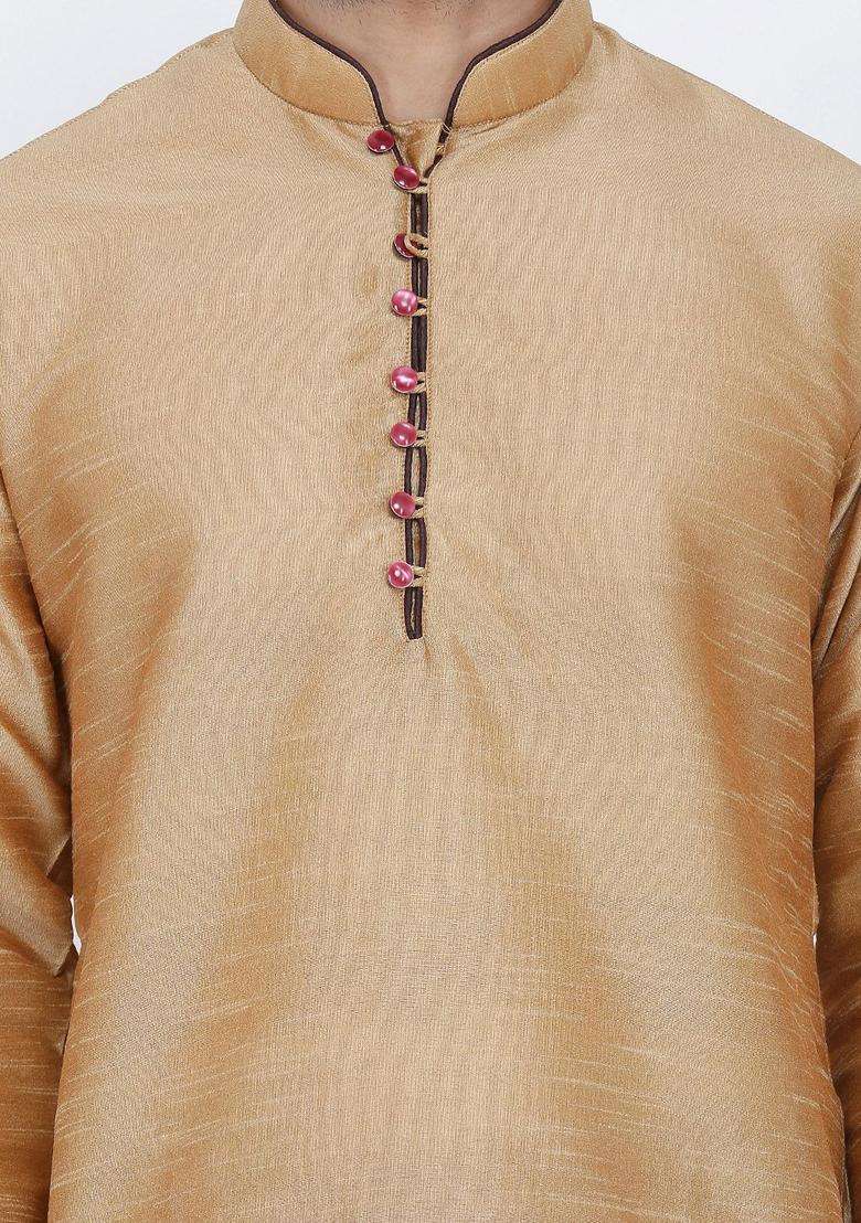 Beige Solid Silk Blend Kurta Set For Men - Indya