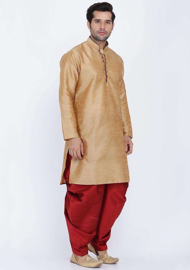 Beige Solid Silk Blend Kurta Set For Men - Indya