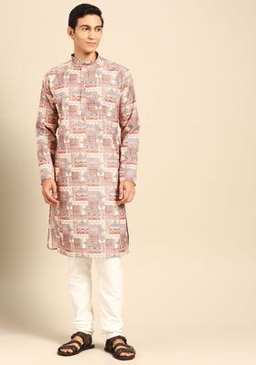 Multi Printed Cotton Kurta Set For Men