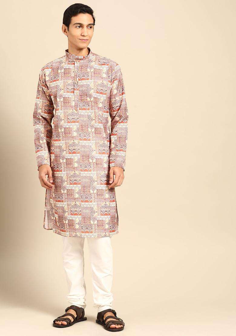 Multi Printed Cotton Kurta Set For Men - Indya