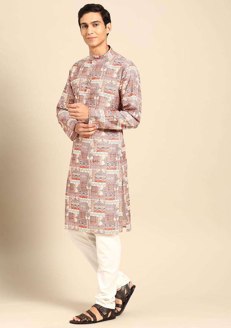 Multi Printed Cotton Kurta Set For Men - Indya