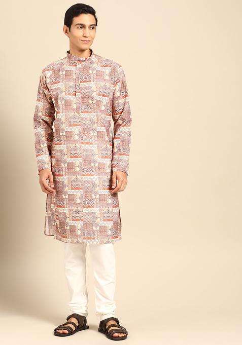 Multi Printed Cotton Kurta Set For Men