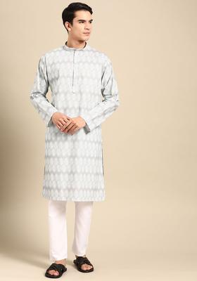 Grey Printed Cotton Kurta Set For Men