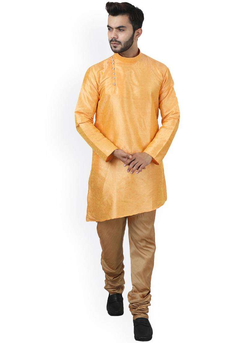 Yellow Woven Design Silk Blend Kurta Set For Men - Indya