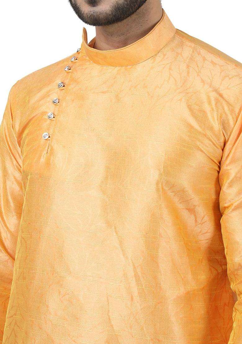 Yellow Woven Design Silk Blend Kurta Set For Men - Indya