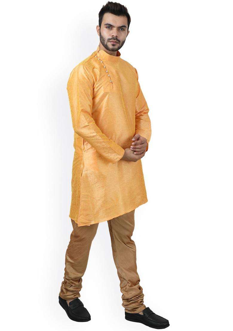 Yellow Woven Design Silk Blend Kurta Set For Men - Indya