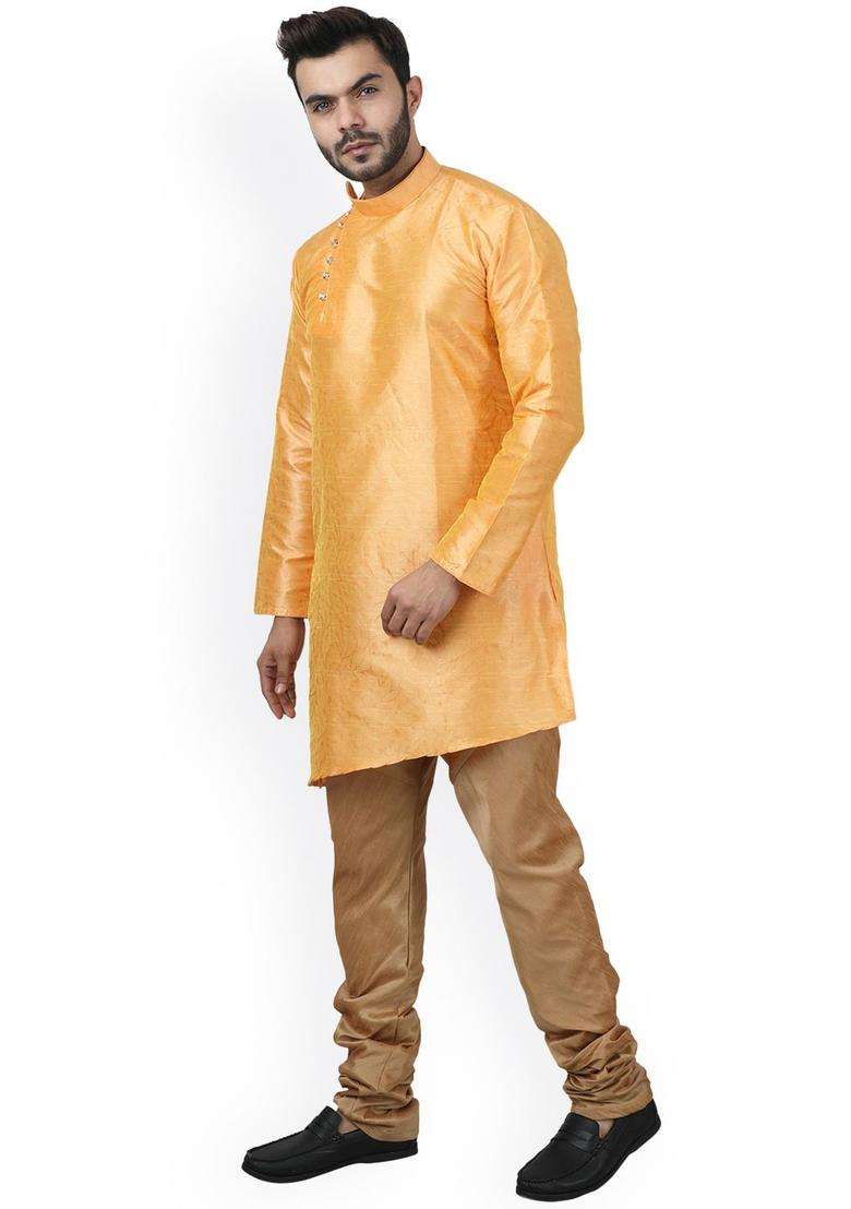 Yellow Woven Design Silk Blend Kurta Set For Men - Indya