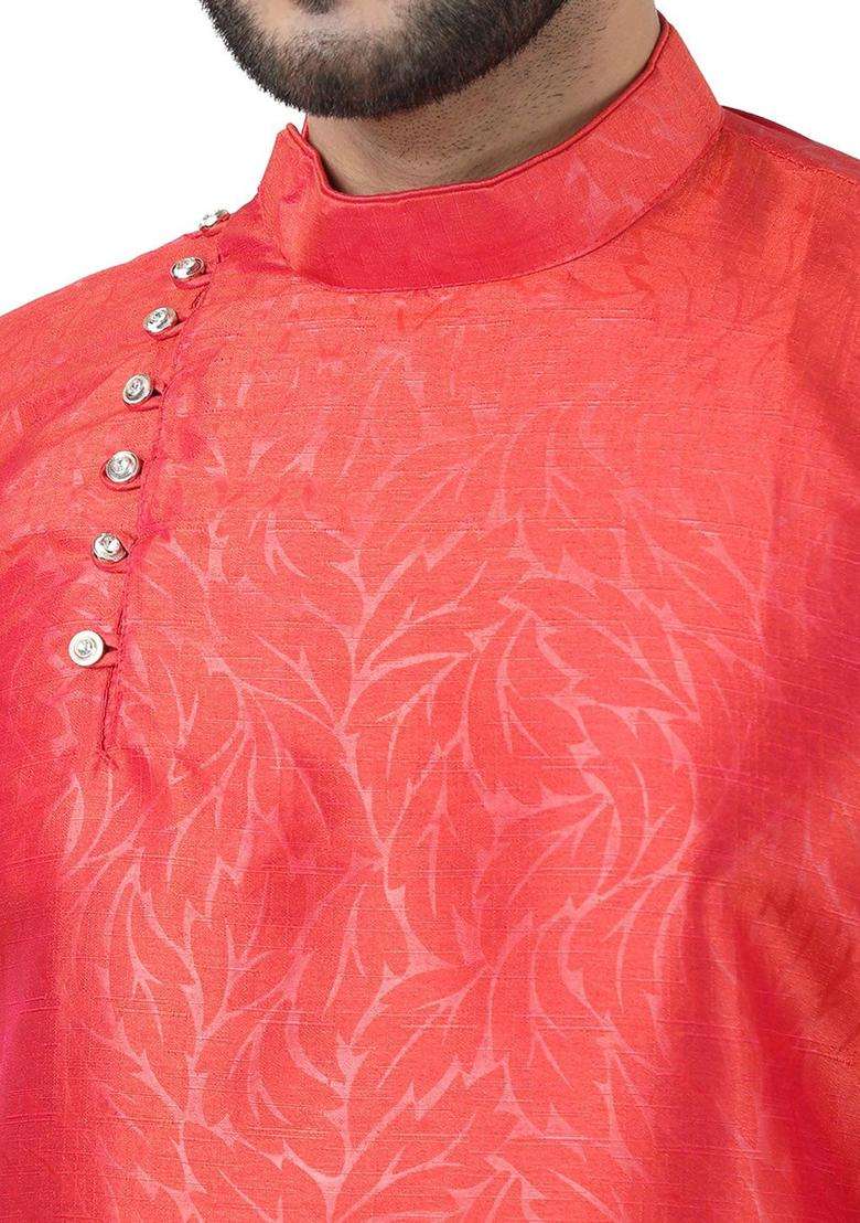 Rose Woven Design Silk Blend Kurta Set For Men - Indya