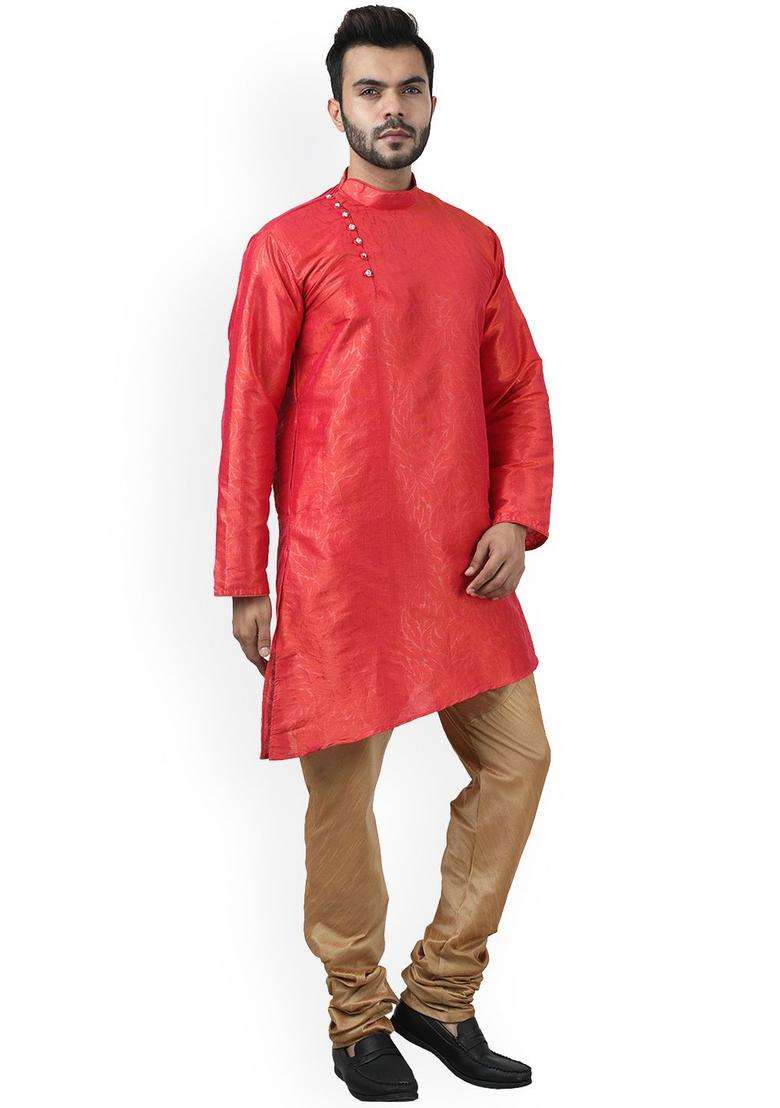 Rose Woven Design Silk Blend Kurta Set For Men - Indya