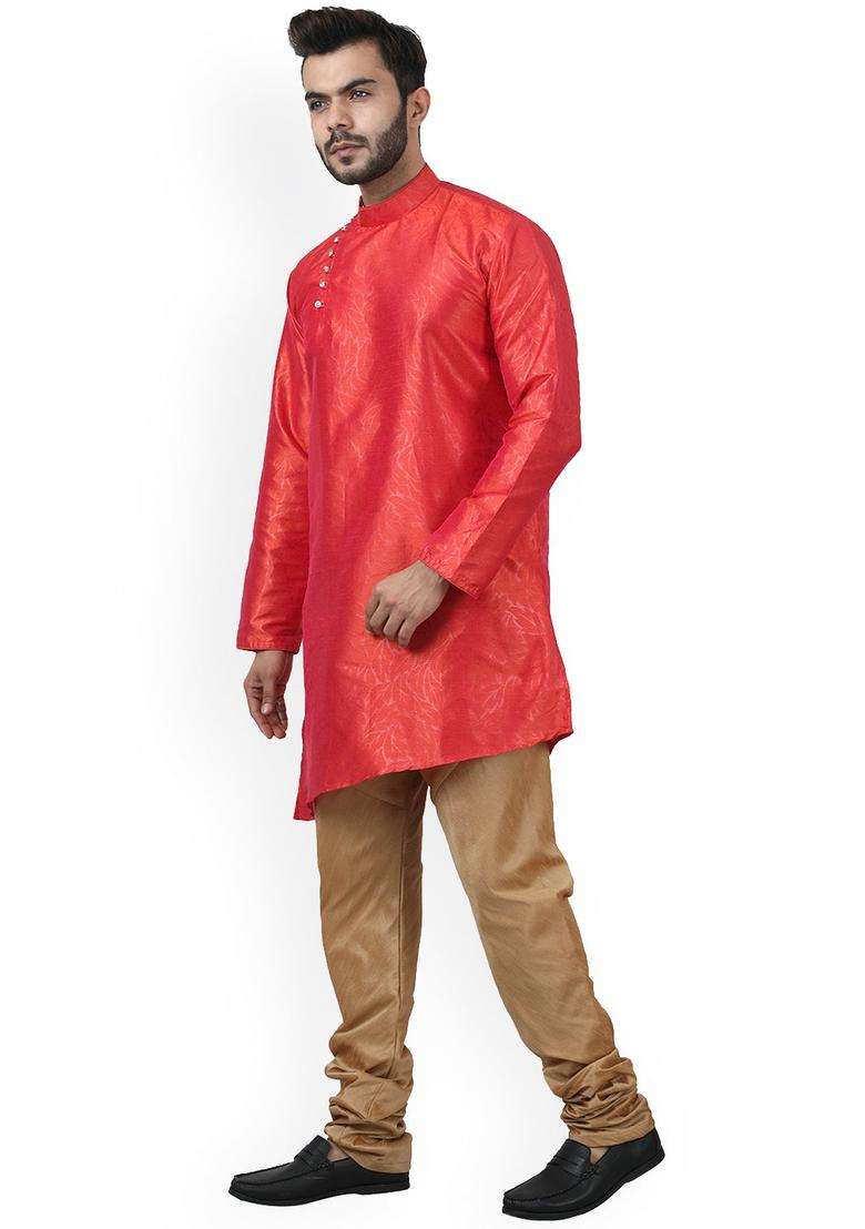 Rose Woven Design Silk Blend Kurta Set For Men - Indya